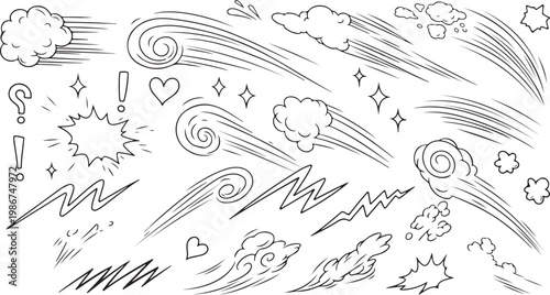 A collection of hand-drawn vector silhouettes representing fast motion, wind blasts, and comic-style energy. These expressive black outlines on a white background.