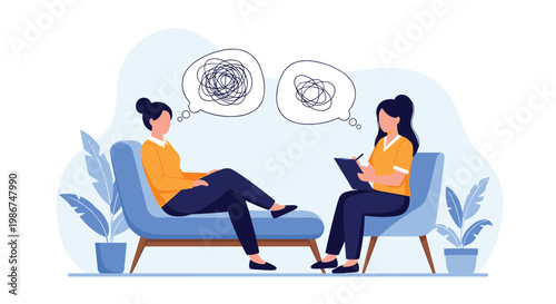 Patient sitting on a blue sofa talking to a professional therapist taking notes during a psychological counseling session.