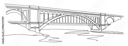 Continuous line drawing of an architectural bridge structure spanning across a flowing river, ideal for urban planning visuals or minimalist design projects.