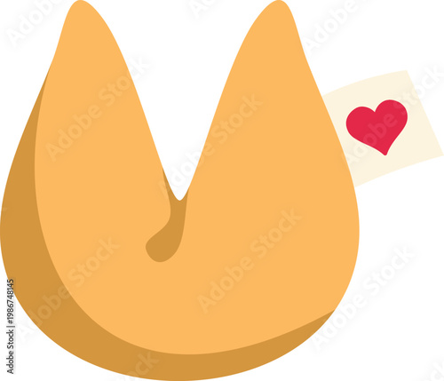 Fortune cookie revealing a message slip with a red heart symbol, representing love and good fortune