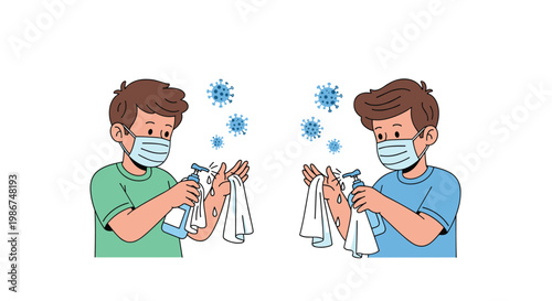 Educational illustration of children using hand sanitizer and wearing face masks to stay safe from floating viruses and germs in the air.