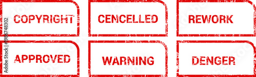 Six red categorized labels with different meanings in a grid layout Vector, illustration