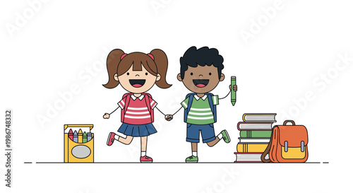 Happy diverse school children wearing uniforms and backpacks standing together with books and crayons on a white background.