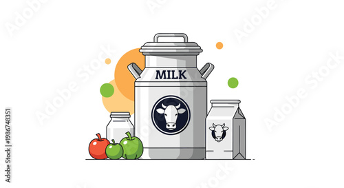 Selection of fresh dairy products featuring a large metal milk can, a carton, a glass jar, and several red and green apples for a healthy diet.