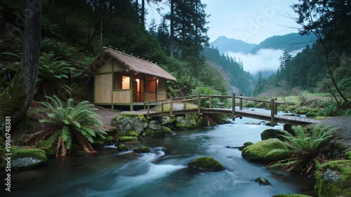 Cozy cabin on serene forest river with bridge peaceful retreat