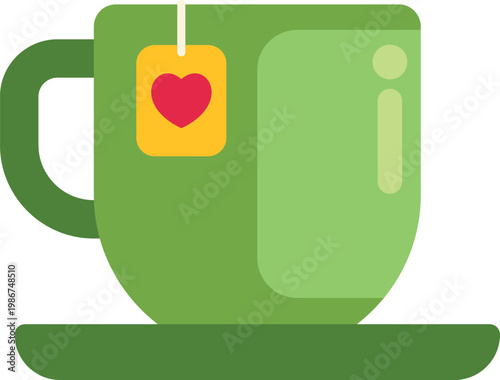 Green tea cup and saucer with teabag tag featuring a red heart symbol