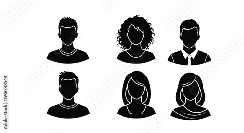 Collection of six black human silhouettes for user profile avatars featuring different hairstyles and clothing styles for social media.