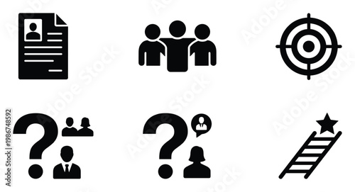 Comprehensive human resources management icon set showcasing recruitment, team building, candidate selection, career goals, and professional development useful for business presentations.