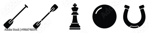 Collection of minimalist black silhouette icons featuring a paddle, chess king, bowling ball, and horseshoe, perfect for sports, game, and luckthemed graphic assets and user interface