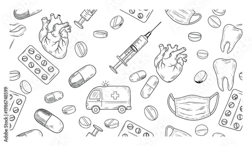 Seamless medical health care supplies background with hearts pills syringes masks teeth ambulance vehicle ideal for printing or educational resources