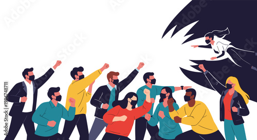 Powerful illustration of a diverse group of masked people protesting and fighting back against a large dark looming monster of fear.