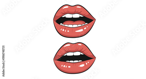 Detailed illustration of two pairs of female lips with red gloss showing different open positions for speech or expression against white.