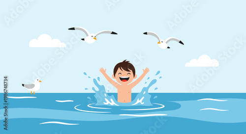 Joyful young boy splashing and swimming in the ocean waves under a clear sky with seagulls flying around during summer vacation.