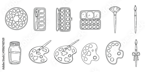 Collection of outline painting supplies including watercolor palettes, various brushes, and a water jar for creative artistic projects and educational materials