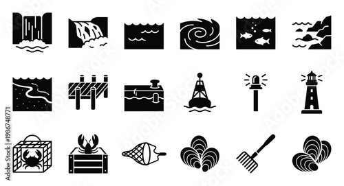 Discover a versatile collection of water resource and marine activity glyph icons showcasing waterfalls, oceans, fishing gear, coastal structures, and seafood for aquatic themed projects