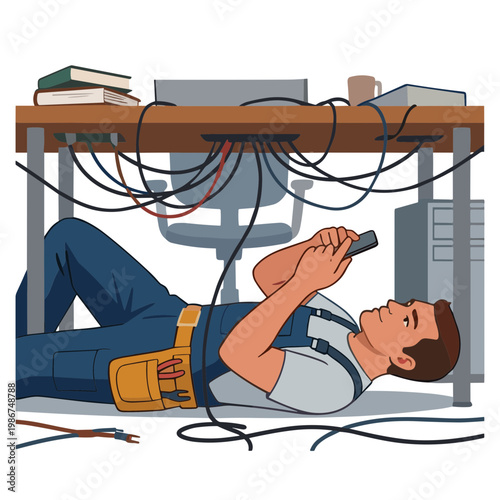 A man lies under a desk examining wires with a tool.