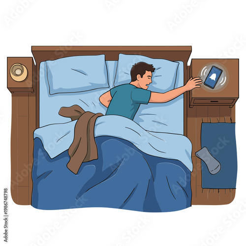 Man in bed reaching for phone on nightstand beside him