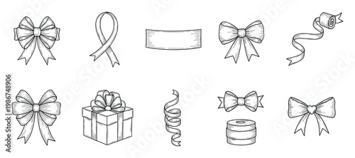 Collection of elegant handdrawn ribbon bows and decorative elements perfect for gift wrapping celebration design and holiday event decoration concepts