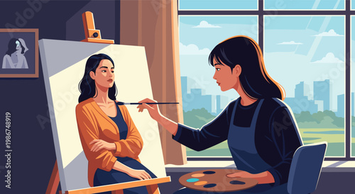 Talented female artist painting a beautiful portrait of a woman sitting by a large window with a view of a city park and buildings.