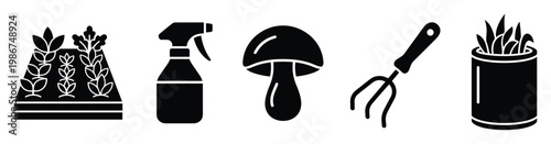 Collection of various garden tools and plants symbolizing cultivation, horticulture, and sustainable organic farming, perfect for agricultural themed websites or applications