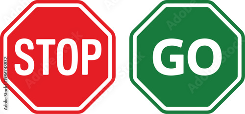 Stop and go sign icon set, vector illustration of red stop and green go signs placed side by side for traffic guidance and control design.