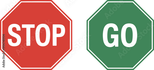 Stop and go sign icon set, red stop and green go symbols side by side for traffic control decision concept and safety signage design.