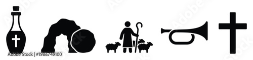 Collection of essential Christian symbols including the empty tomb, good shepherd, anointing oil, trumpet, and cross, perfect for religious studies and faithbased media applications