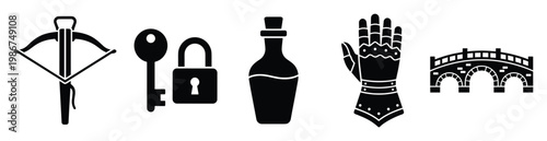 Graphic icon set representing essential historical and fantasy adventure elements such as a powerful crossbow, unlocking key, secure padlock, mystical potion, protective gauntlet, and