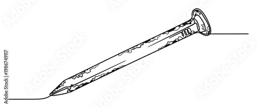 Continuous line sketch of a sturdy construction nail with a textured shank and round head, depicting a simple yet functional fastening tool for building and repair projects.