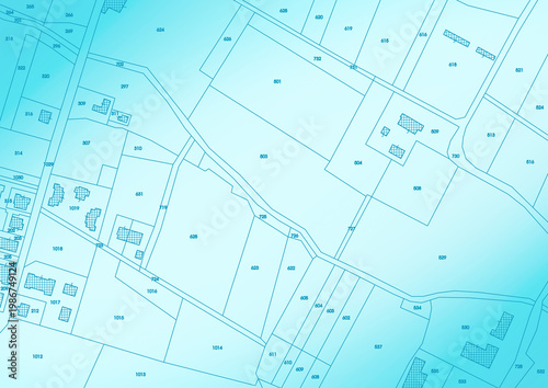 IMAGINARY LAND CADASTRAL MAP OF TERRITORY with rural buildings, fields and land parcels - Land registry concept with land ownership and identification of property parcels