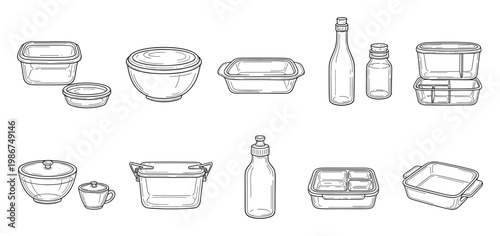 A comprehensive collection of kitchen food storage containers, glass bottles, and bowls for meal preparation, organization, and pantry preservation projects