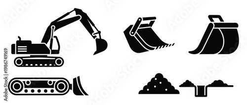 Construction machinery and earthmoving equipment icons including an excavator, different digging buckets, soil piles, and trenches, perfect for civil engineering and construction themed