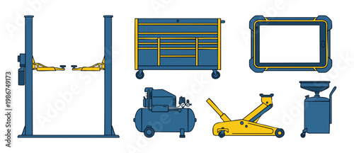 Auto Repair Shop Equipment Set: Car Lift, Tool Cabinet, Air Compressor, Floor Jack, and Diagnostic Tablet for Professional Mechanics and Automotive Service Maintenance Concept, Flat Vector Illustratio