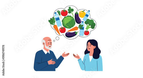 Elderly man and a younger woman having a friendly conversation about healthy eating with various fresh vegetables in a thought bubble.