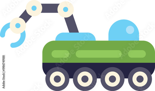 Robotic rover with an articulated arm driving on a white background