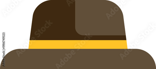 Brown classic fedora hat with a yellow ribbon band, vector illustration