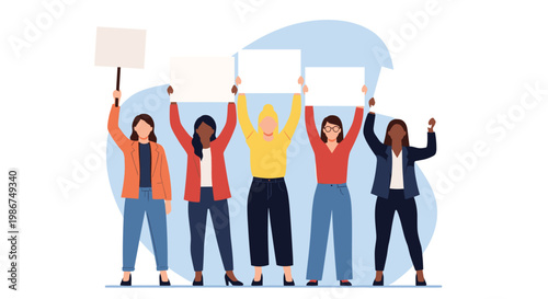 Group of five diverse professional women stand together holding blank white placards for a protest or social awareness campaign.