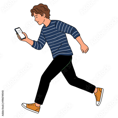 Man runs while looking at phone on the go quickly outside