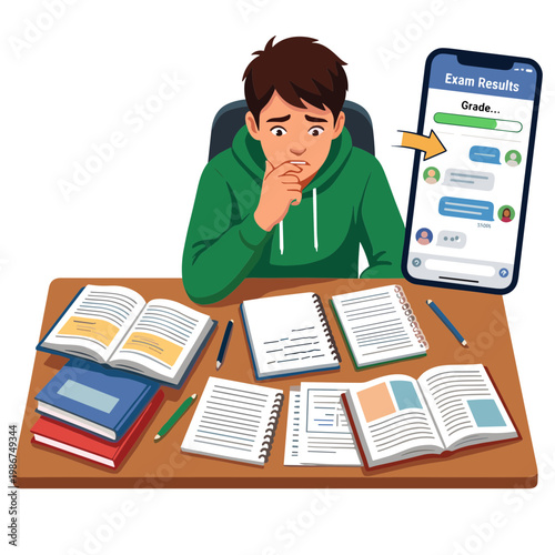 A student sits at a desk surrounded by books and studies exam results on a mobile phone.
