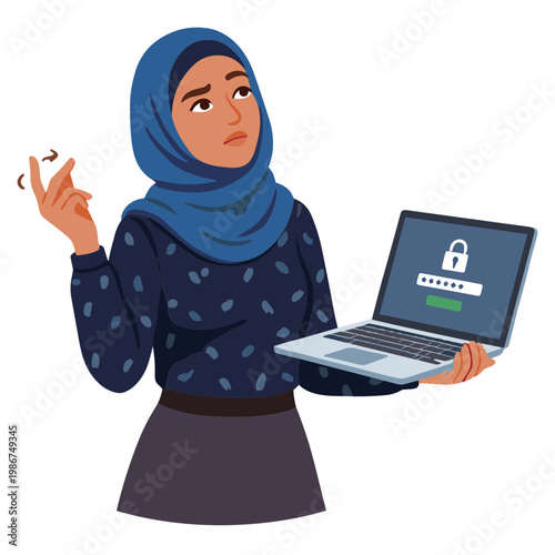 A woman wearing a hijab holds a laptop with a lock screen while gesturing confused.