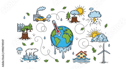 Global Warming and Climate Change Illustration with Melting Earth and Environmental Issues.
