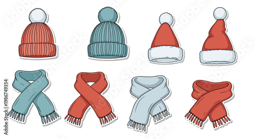 Collection of various colorful winter knitted beanies and fringed scarves displayed as a set for cold weather fashion and accessories.