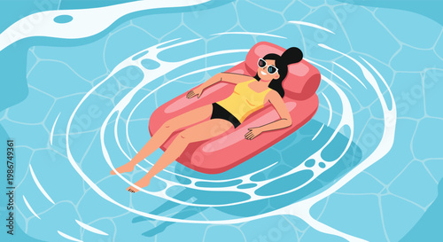Relaxed woman wearing sunglasses floats on a pink inflatable air mattress in clear blue water during a summer pool day.