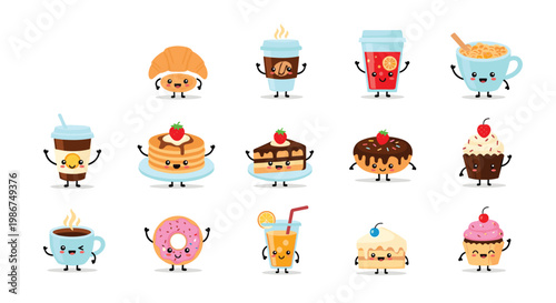 Large set of cute cartoon food and drink characters with smiling faces featuring coffee, donuts, cupcakes, and pancakes.
