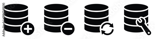 Database operations glyph icons set including symbols for adding, removing, refreshing, and managing data, ideal for software development and system administration applications