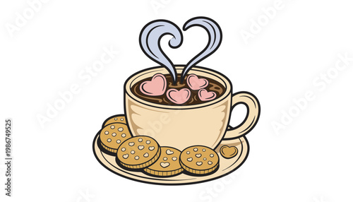 A cup of coffee with heart steam and cookies on a plate