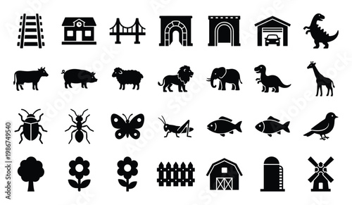 Large collection of black silhouette icons showcasing diverse animals, natural elements, buildings, and transportation structures, perfect for educational content and graphic design