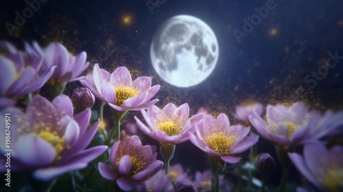 A time-lapse captures blooming night flowers opening under a bright full moon.