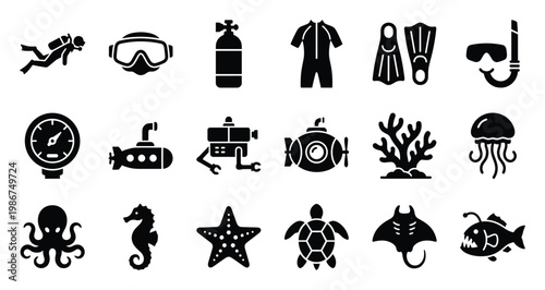 Comprehensive collection of scuba diving equipment and marine ocean animals silhouette icons perfect for underwater exploration graphics and aquatic adventure themes