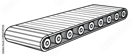 Black and white line drawing of a conveyor belt system with rollers underneath, symbolizing industrial production, automation, and logistics for various business and technology